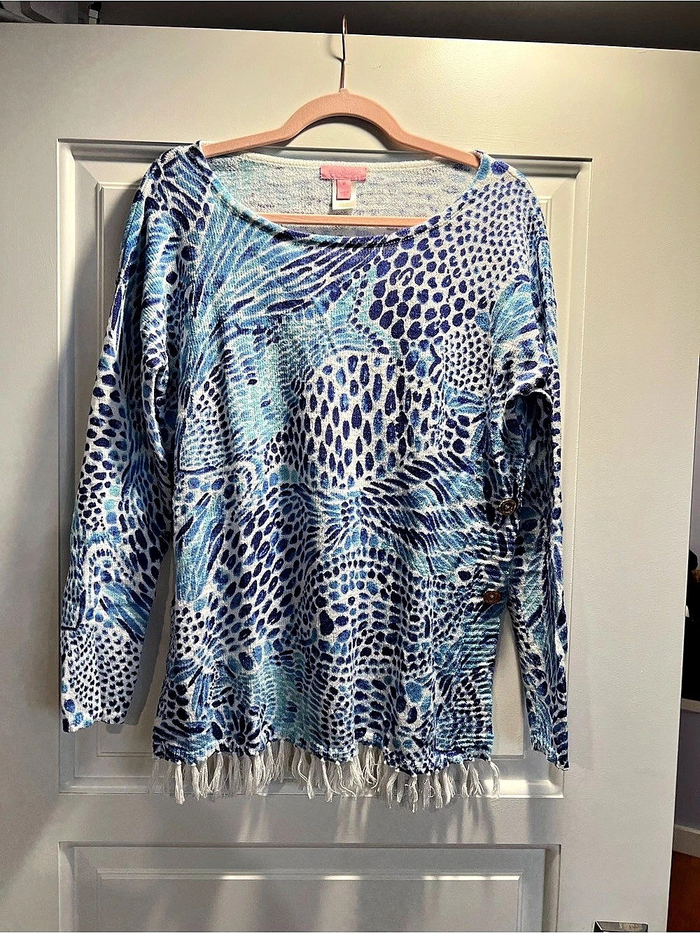 Lilly Pulitzer Animal Print Fringe Tunic in Blue & White Size Medium